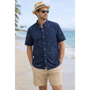 GAP Men's Short Sleeve Button Down Shirt Palm Tree Print Blue XX Large vacation